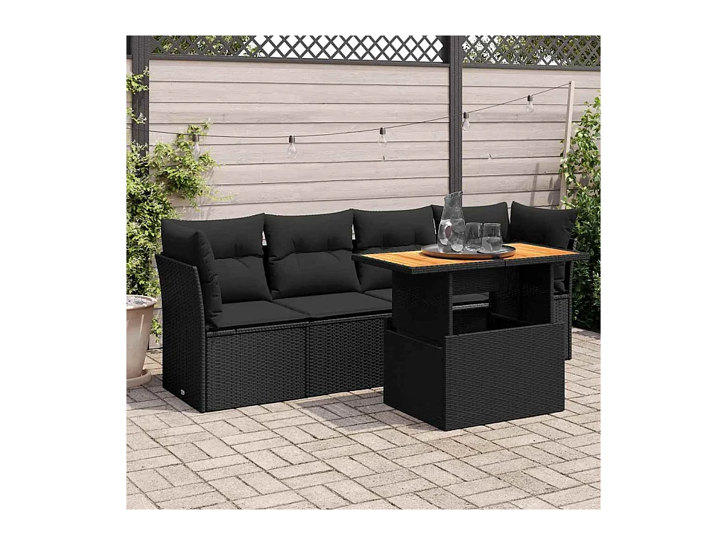 Salon de jardin 5 pcs avec coussins noir résine tressée