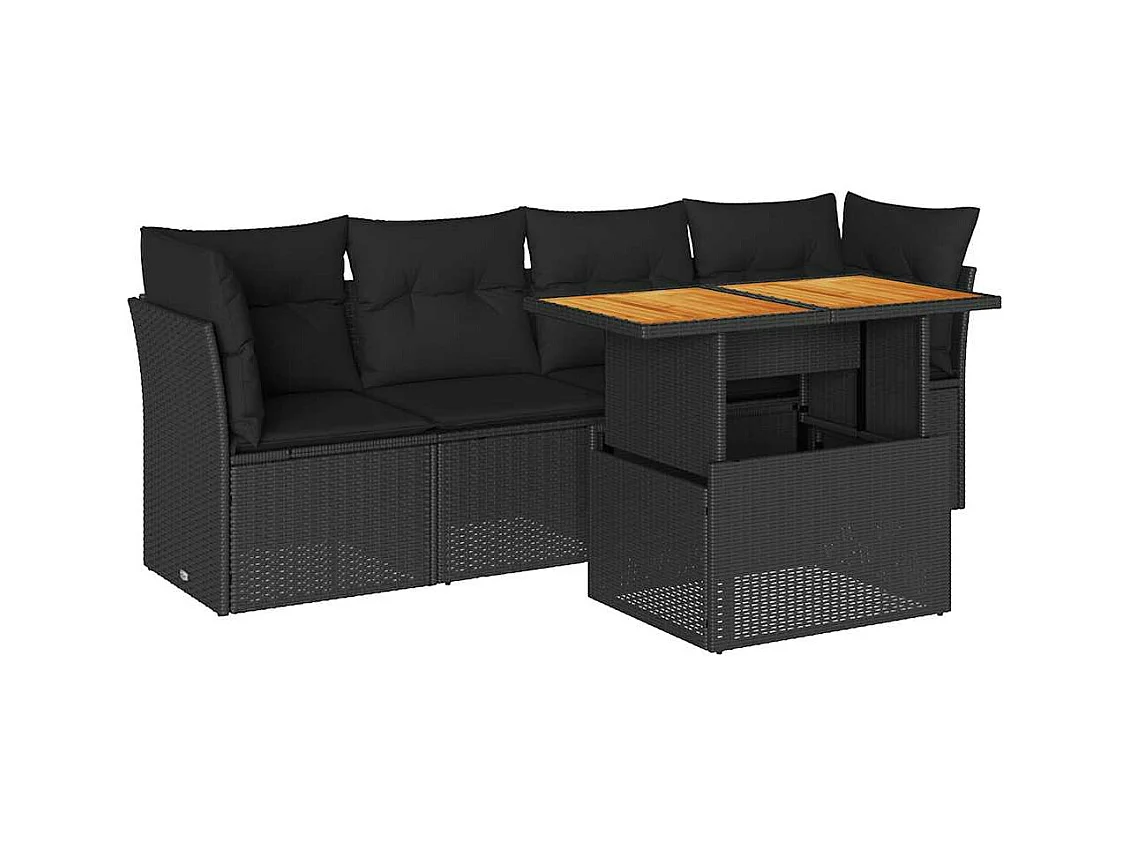Salon de jardin 5 pcs avec coussins noir résine tressée