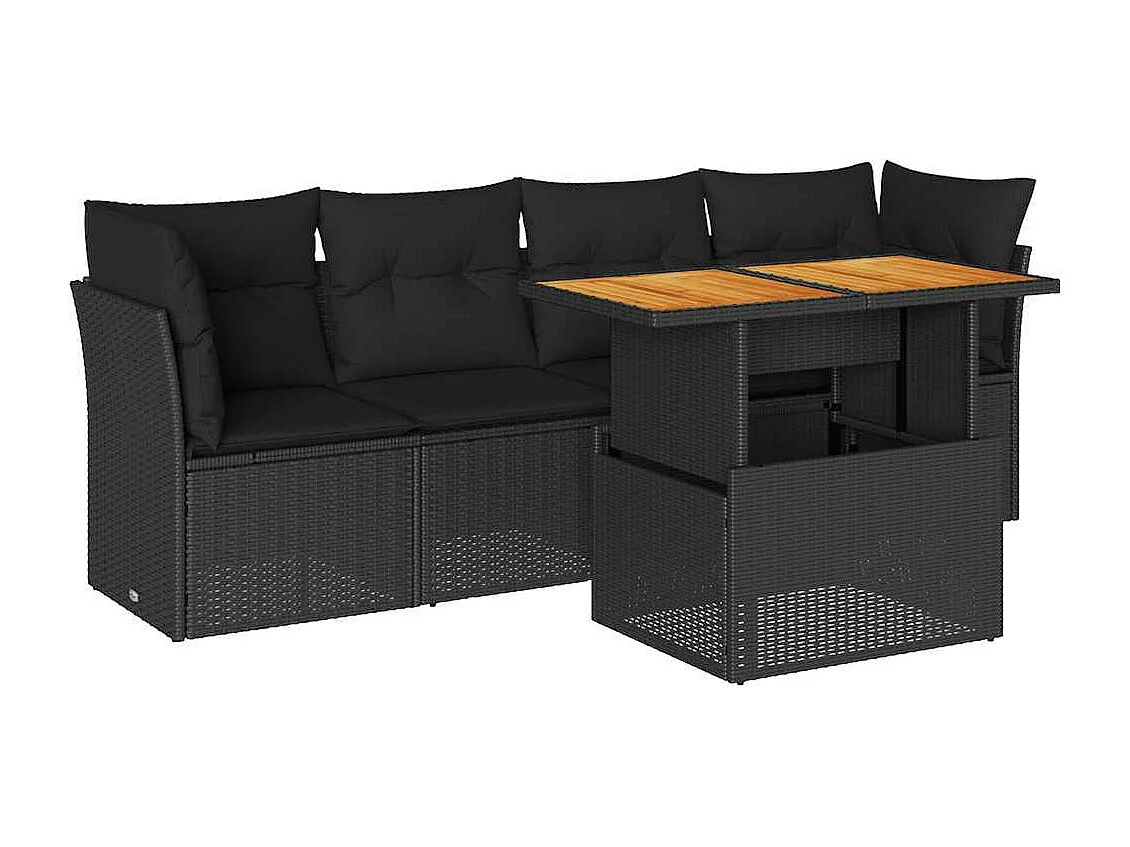 Salon de jardin 5 pcs avec coussins noir résine tressée