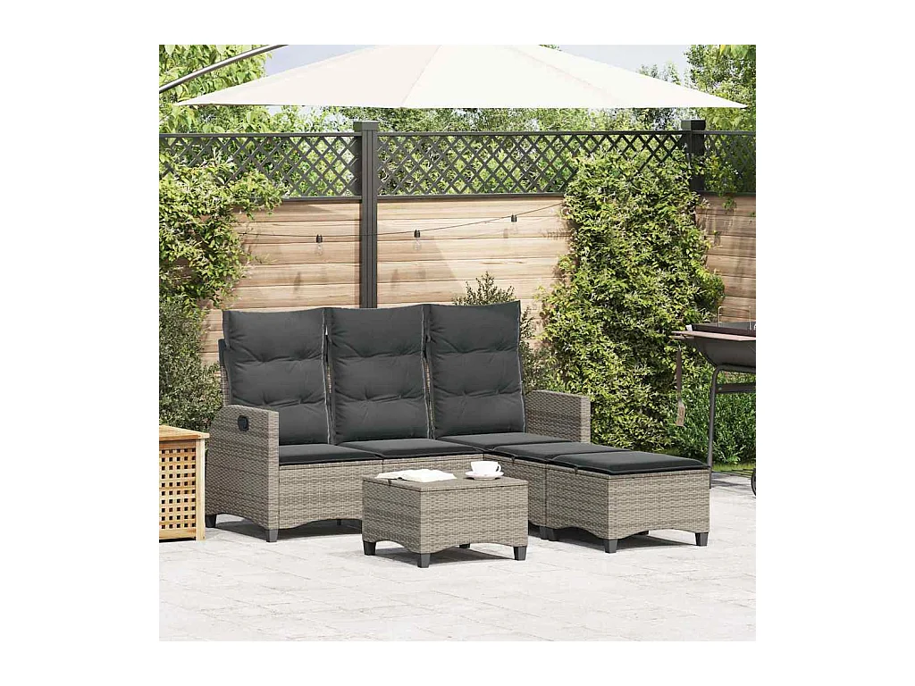 Salon de jardin 3 pcs avec coussins forme L gris résine tressée