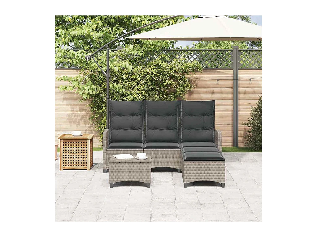 Salon de jardin 3 pcs avec coussins forme L gris résine tressée