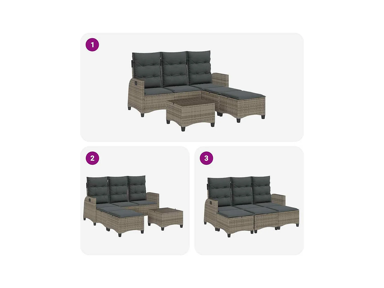 Salon de jardin 3 pcs avec coussins forme L gris résine tressée