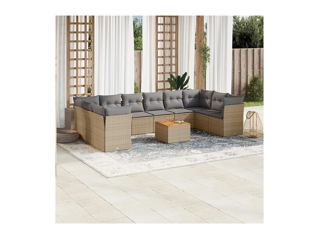 Salon de jardin 11 pcs avec coussins beige résine tressée
