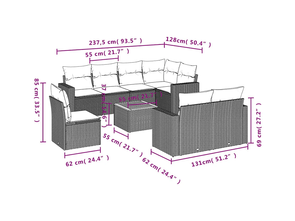 Salon de jardin avec coussins 9 pcs beige résine tressée