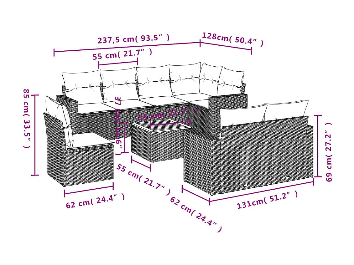 Salon de jardin avec coussins 9 pcs beige résine tressée