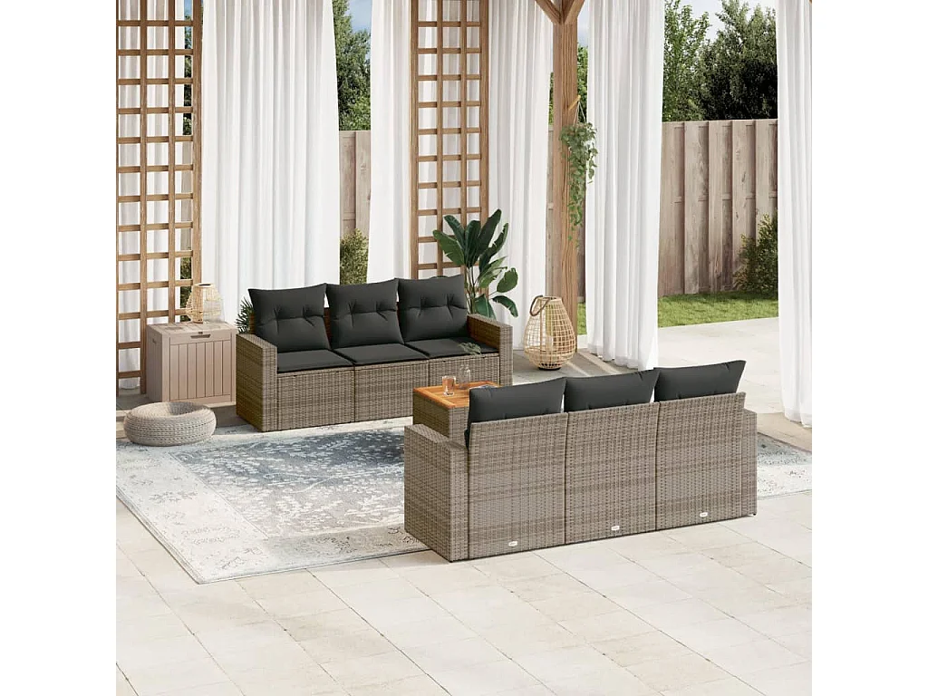 Salon de jardin avec coussins 7 pcs gris résine tressée