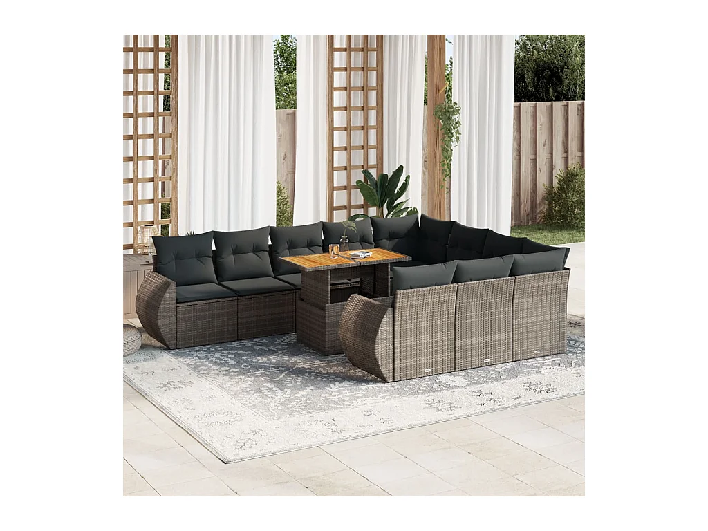 Salon de jardin 11 pcs avec coussins gris résine tressée
