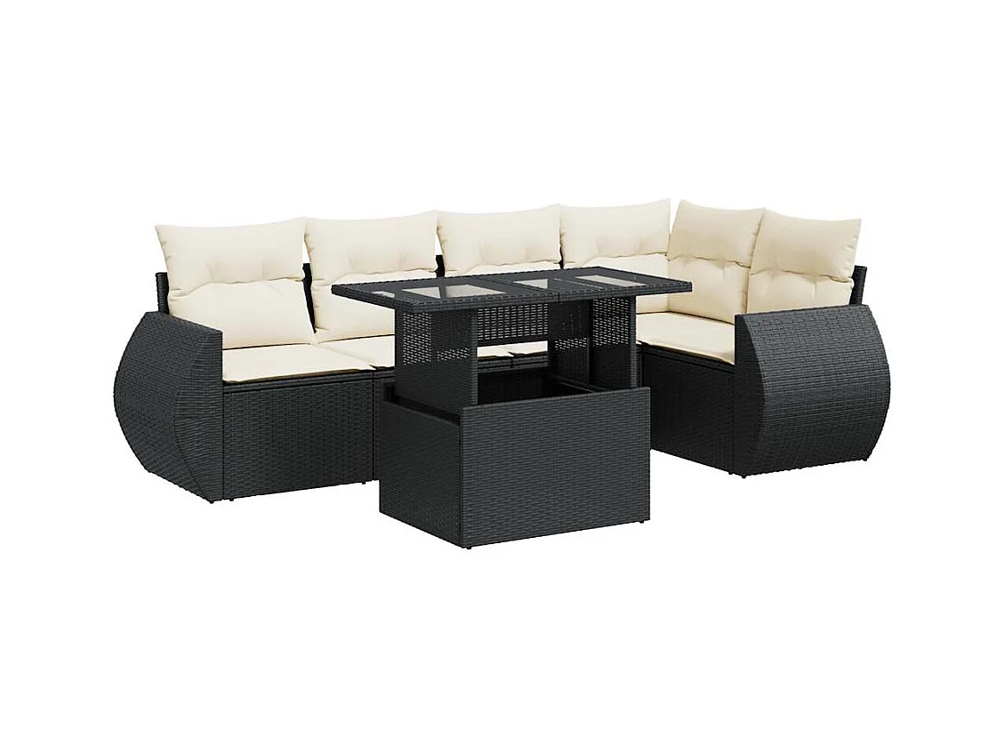 Salon de jardin 6 pcs avec coussins noir résine tressée