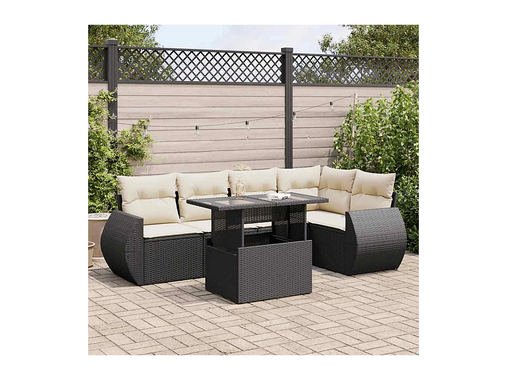 Salon de jardin 6 pcs avec coussins noir résine tressée