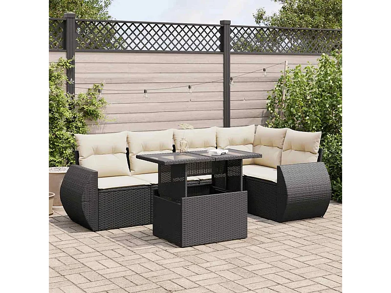 Salon de jardin 6 pcs avec coussins noir résine tressée