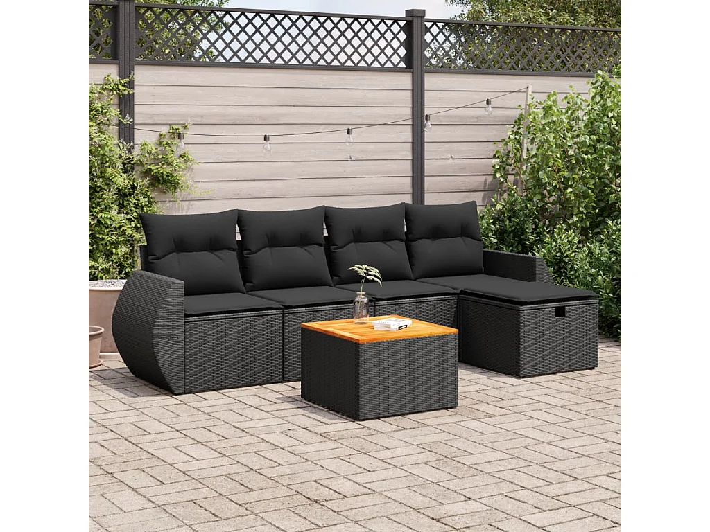 6-teiliges Gartenmöbelset mit schwarzen Kissen aus gewebtem Harz
