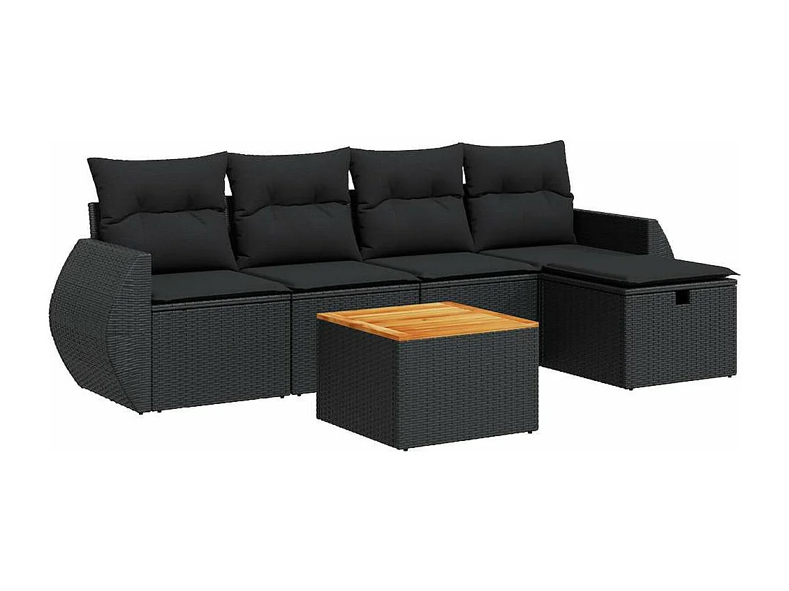6-teiliges Gartenmöbelset mit schwarzen Kissen aus gewebtem Harz
