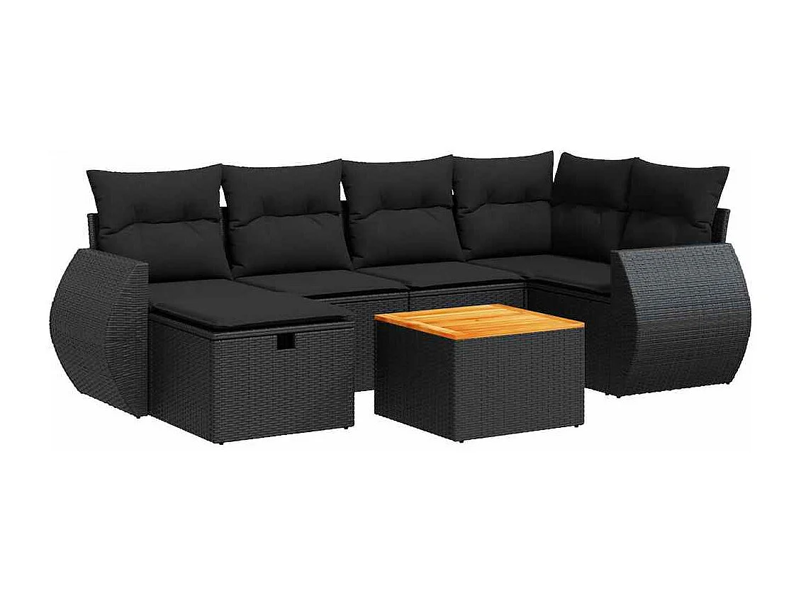 Set di mobili da giardino 7 pezzi con cuscini neri in resina intrecciata