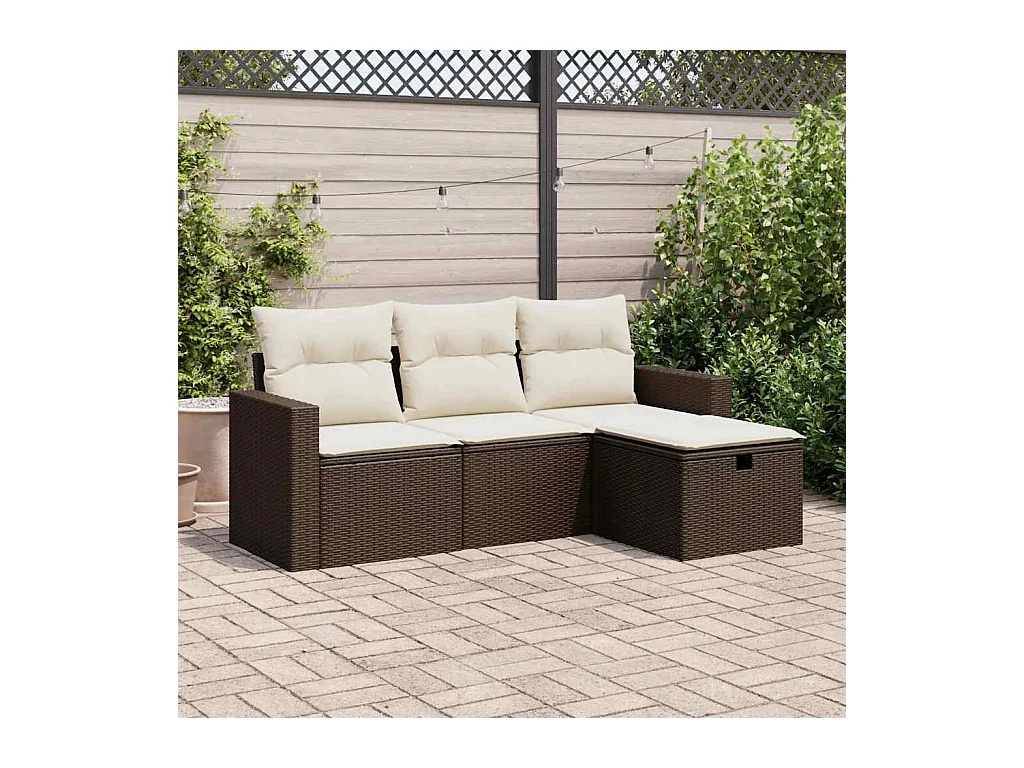 Salon de jardin 4 pcs avec coussins marron résine tressée