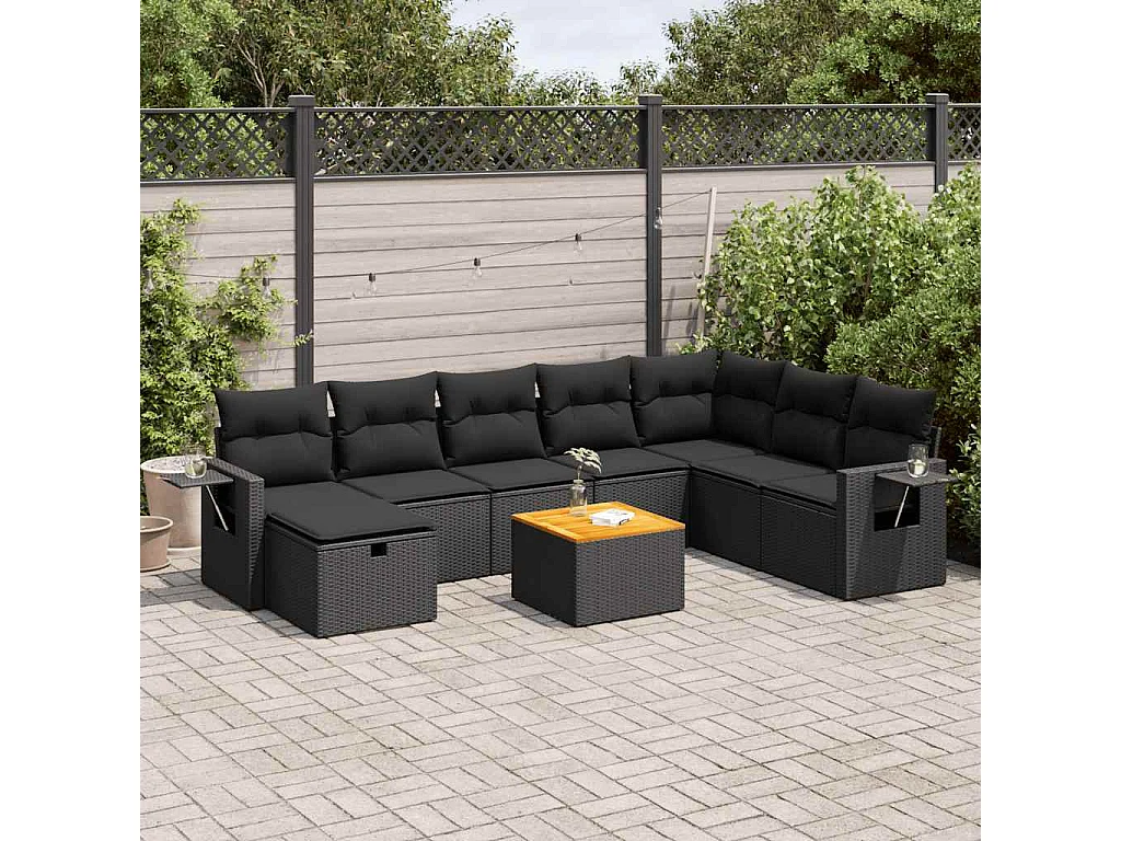 Salon de jardin 9 pcs avec coussins noir résine tressée