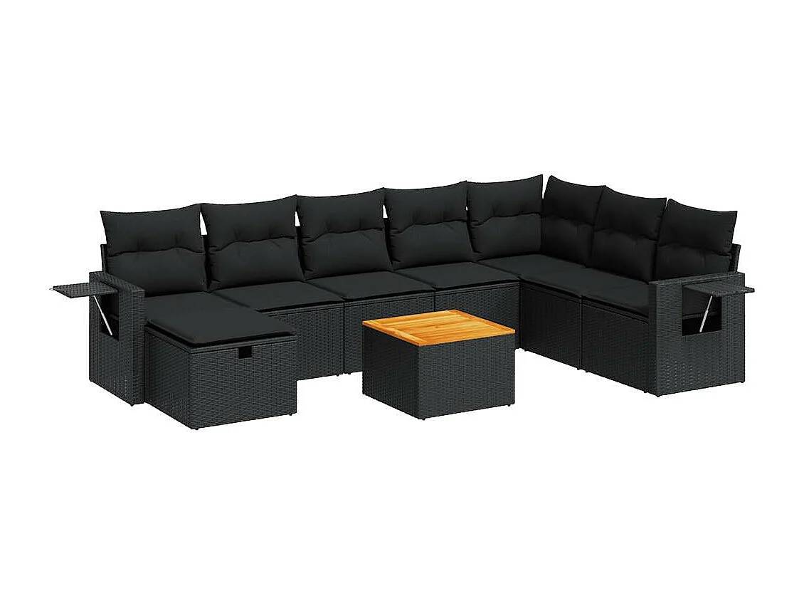 Salon de jardin 9 pcs avec coussins noir résine tressée