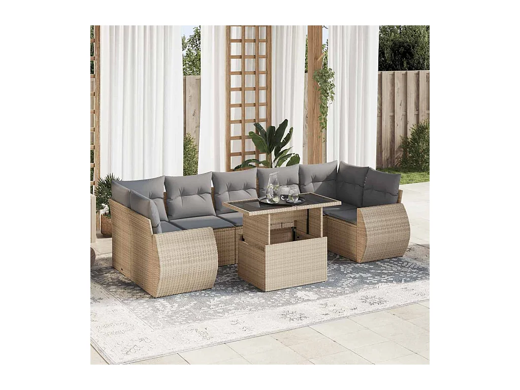 Salon de jardin avec coussins 8 pcs beige résine tressée
