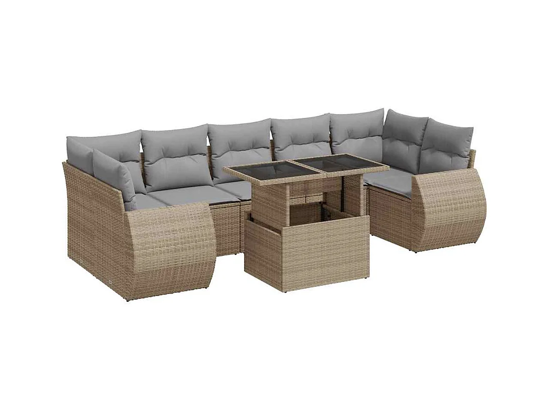Salon de jardin avec coussins 8 pcs beige résine tressée