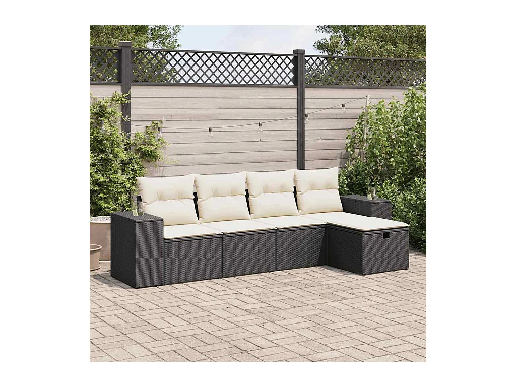 Salon de jardin 5 pcs avec coussins noir résine tressée