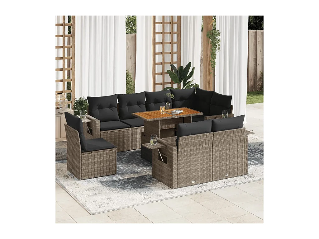 Salon de jardin 9 pcs avec coussins gris résine tressée