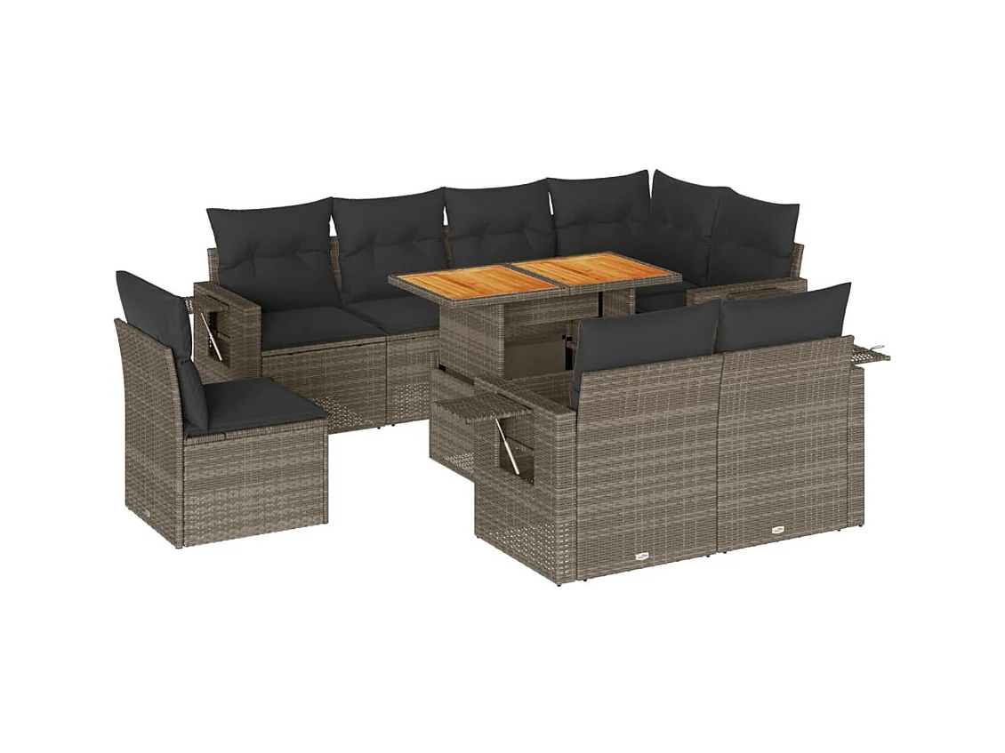 Salon de jardin 9 pcs avec coussins gris résine tressée