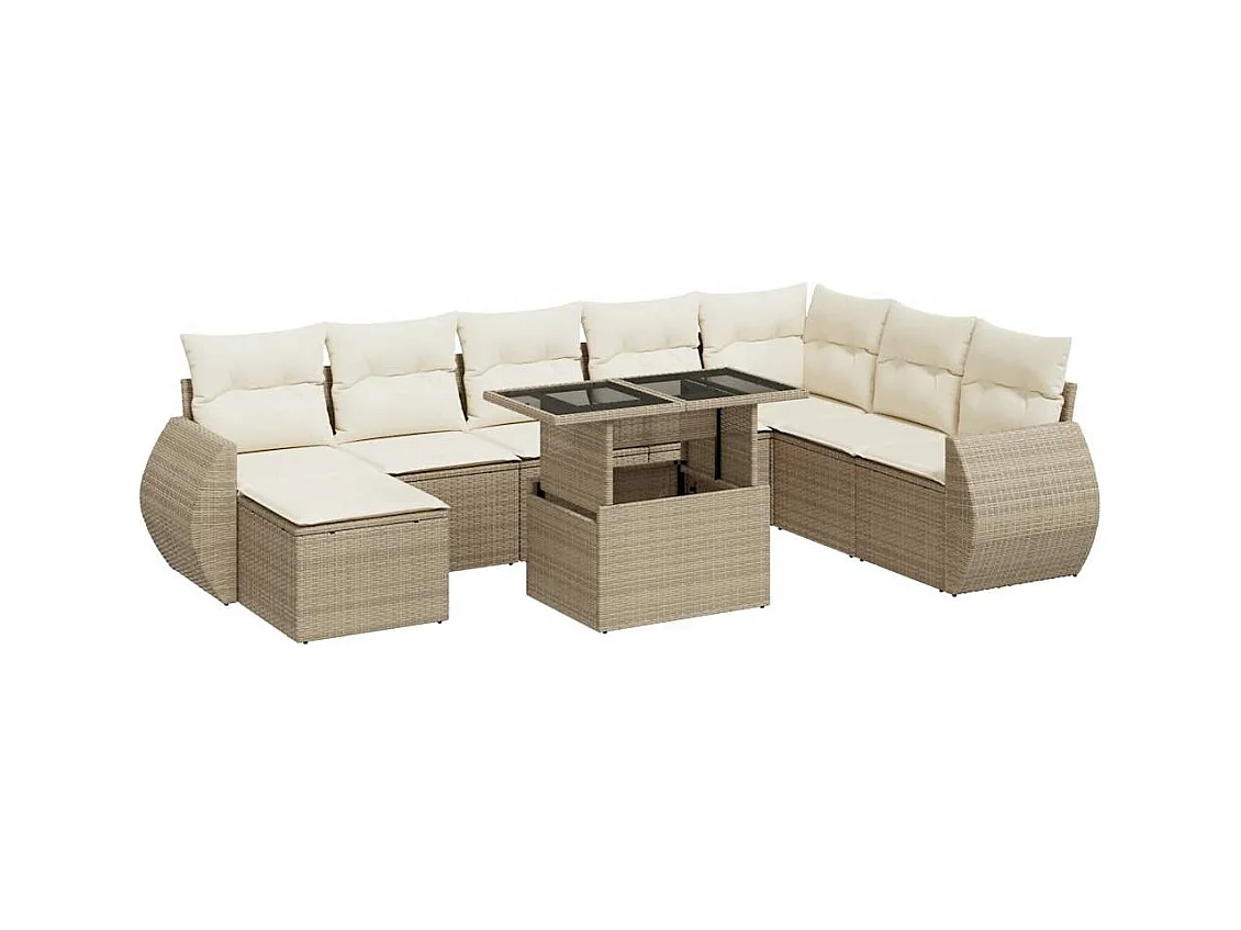 Salon de jardin avec coussins 9 pcs beige résine tressée
