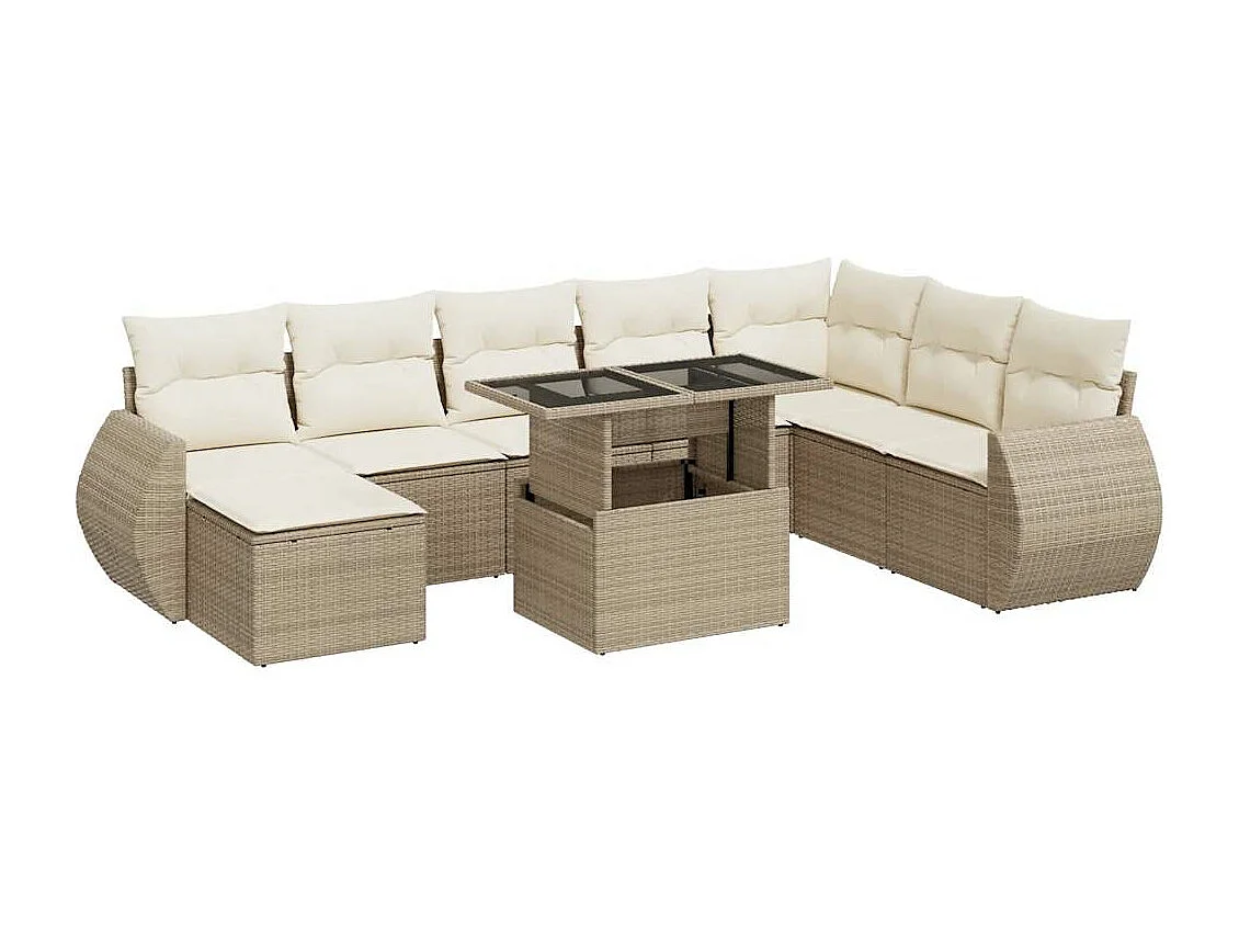 Salon de jardin avec coussins 9 pcs beige résine tressée