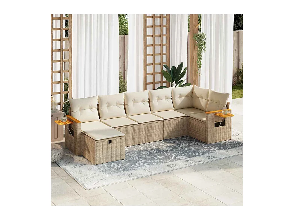 Salon de jardin avec coussins 7 pcs beige résine tressée