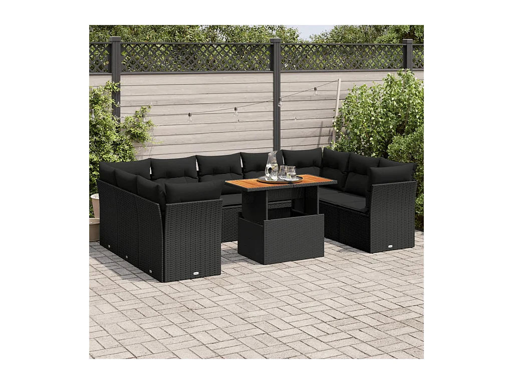 Salon de jardin 10 pcs avec coussins noir résine tressée