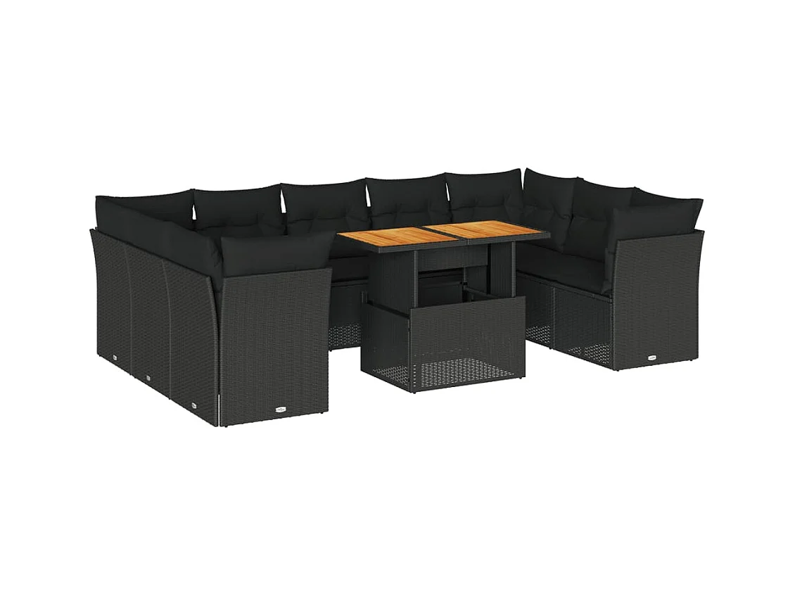 Salon de jardin 10 pcs avec coussins noir résine tressée
