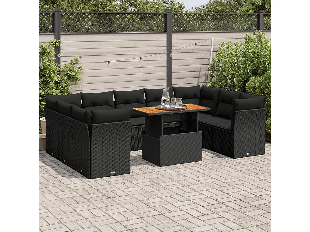 Salon de jardin 10 pcs avec coussins noir résine tressée