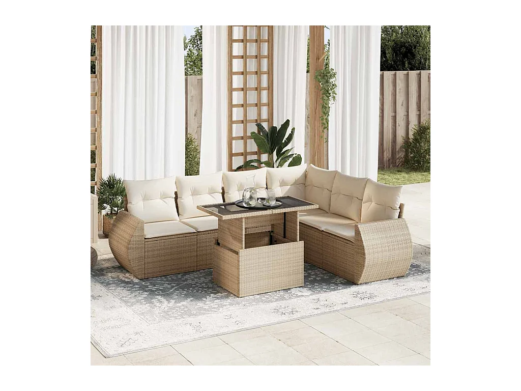 Salon de jardin avec coussins 7 pcs beige résine tressée