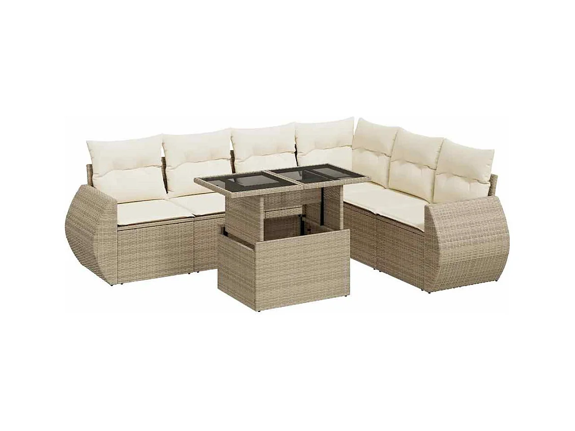 Salon de jardin avec coussins 7 pcs beige résine tressée