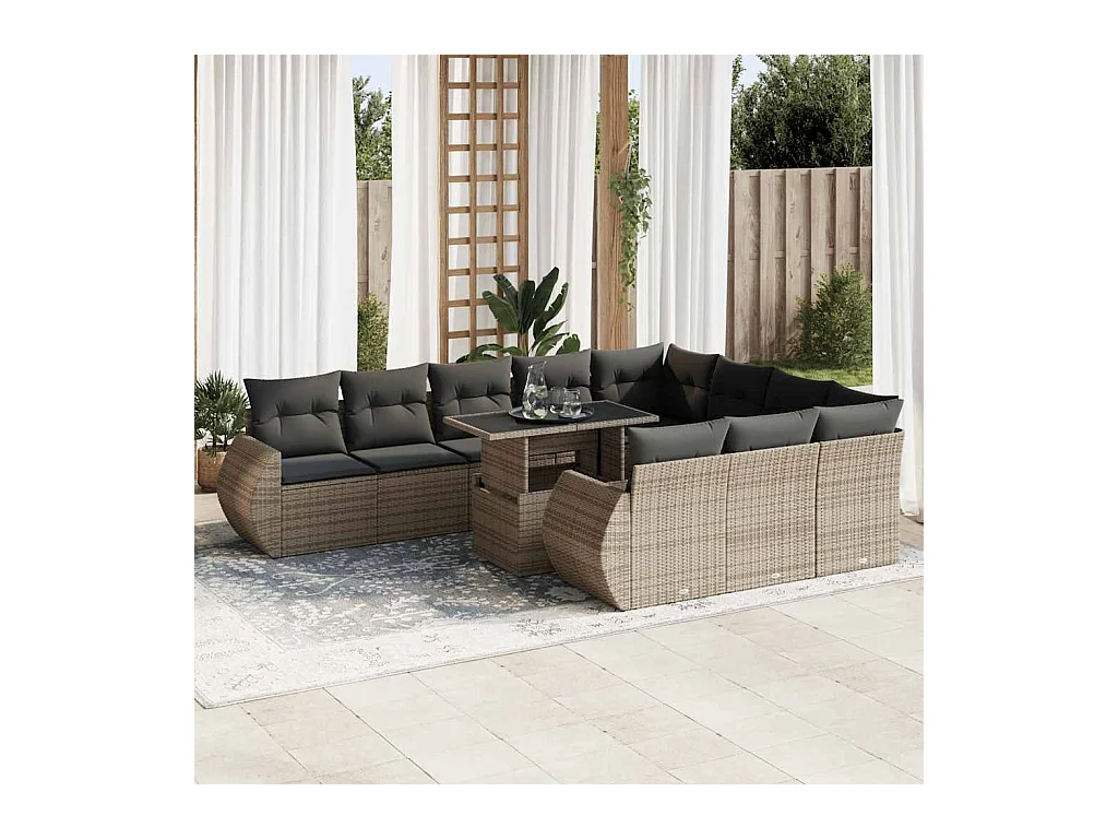 Salon de jardin 11 pcs avec coussins gris résine tressée