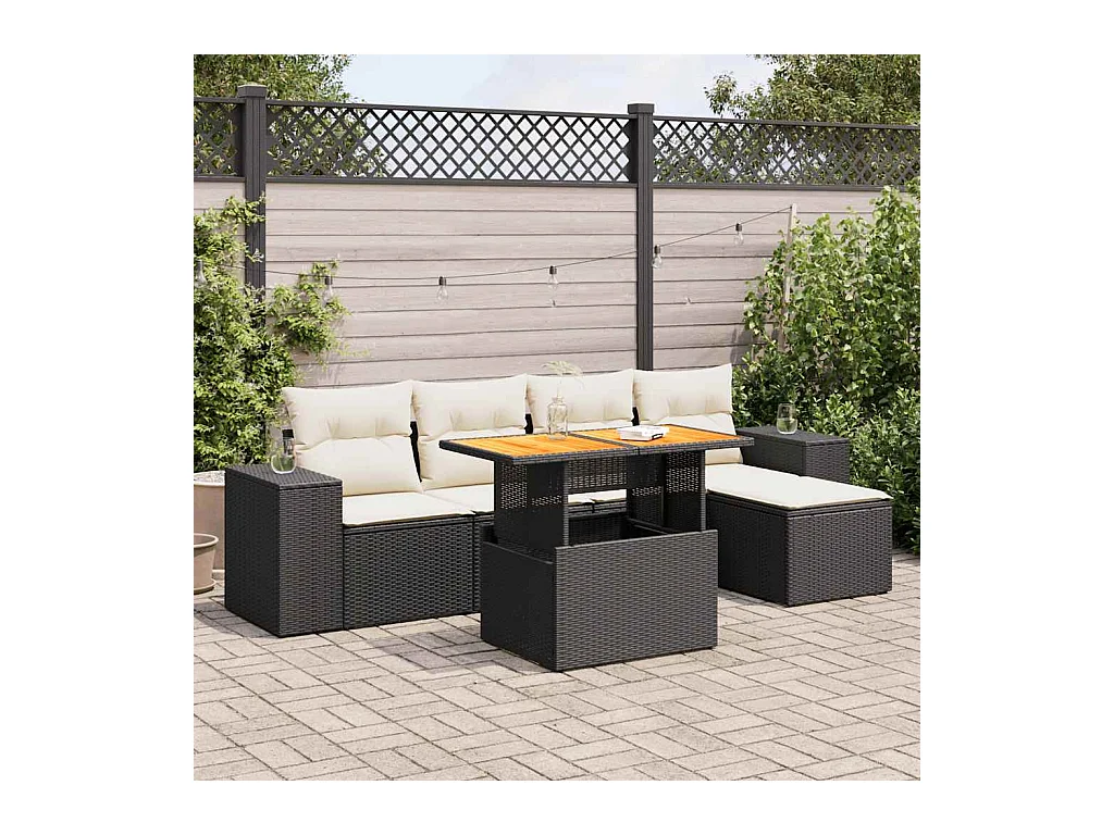 Salon de jardin 6 pcs avec coussins noir résine tressée