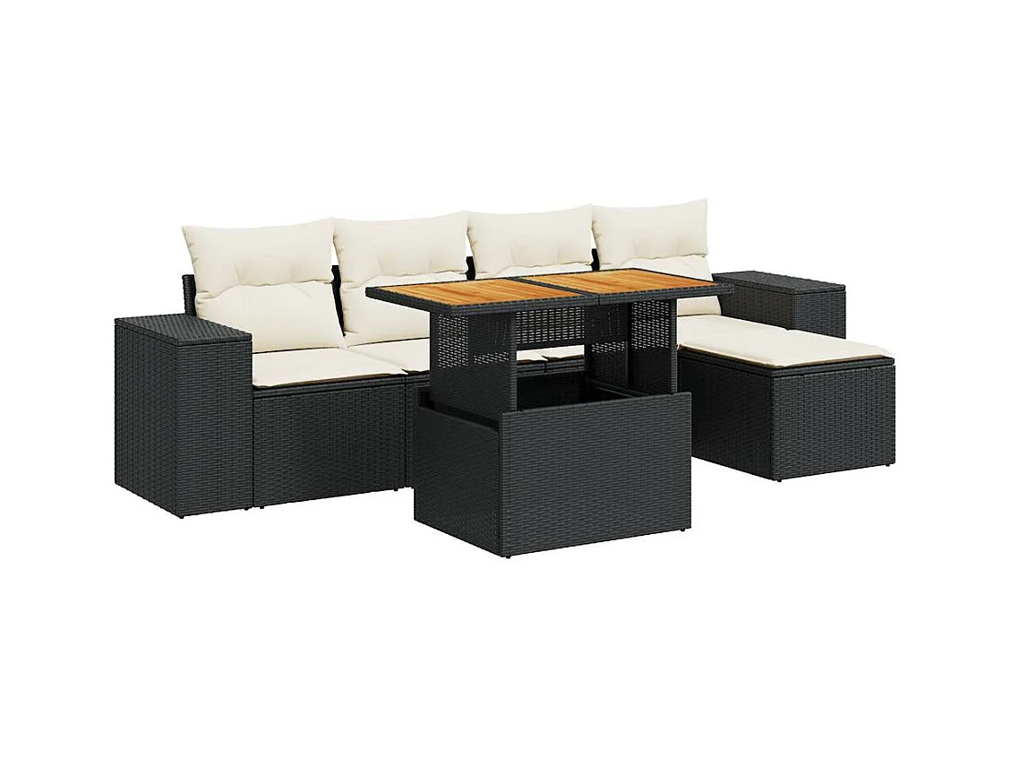 Salon de jardin 6 pcs avec coussins noir résine tressée