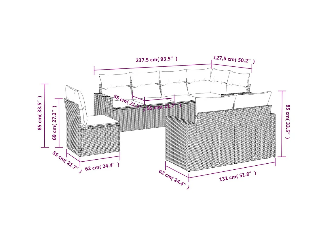 Salon de jardin 8 pcs avec coussins gris résine tressée