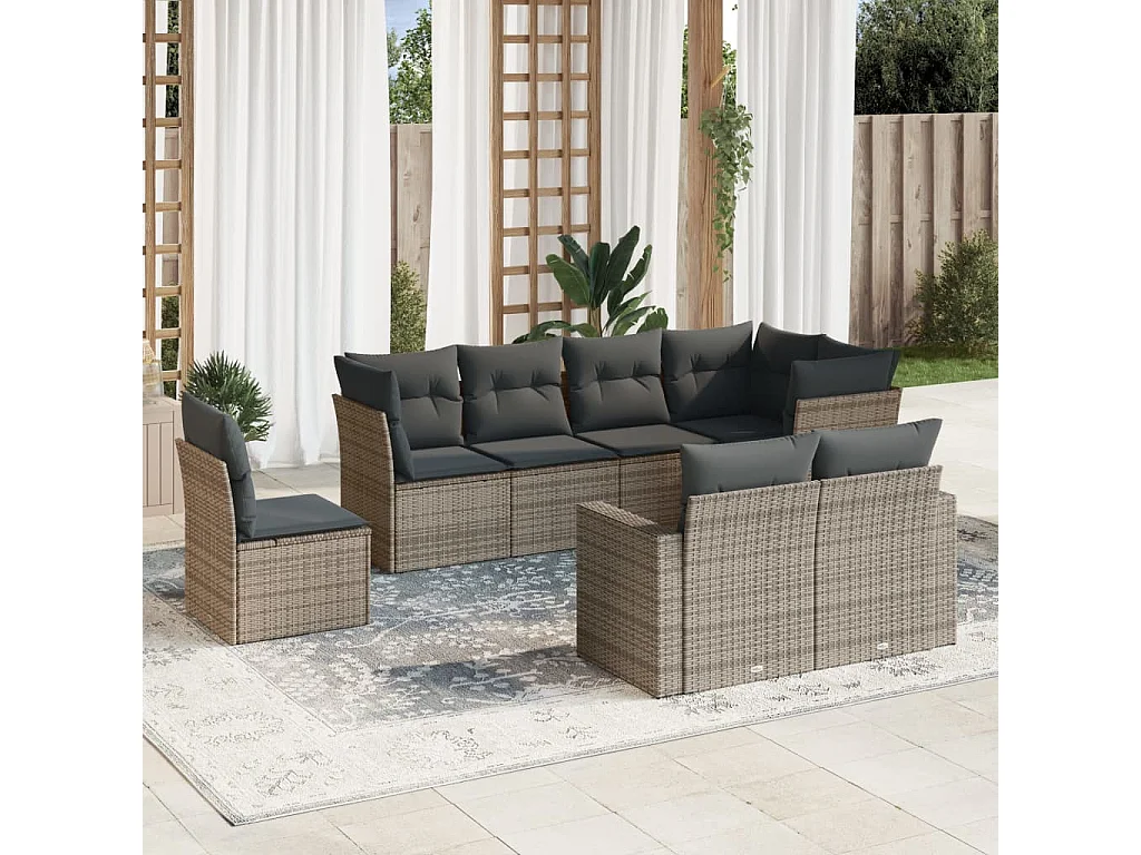 Set di mobili da giardino da 8 pezzi con cuscini in vimini di resina grigia