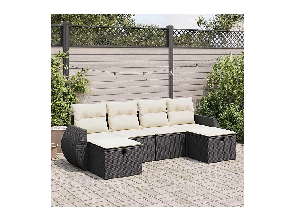 Salon de jardin 6 pcs avec coussins noir résine tressée