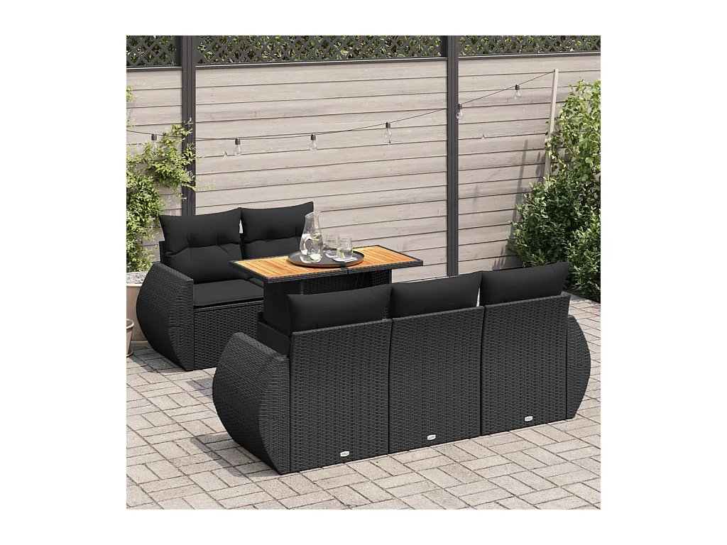 Salon de jardin 6 pcs avec coussins noir résine tressée