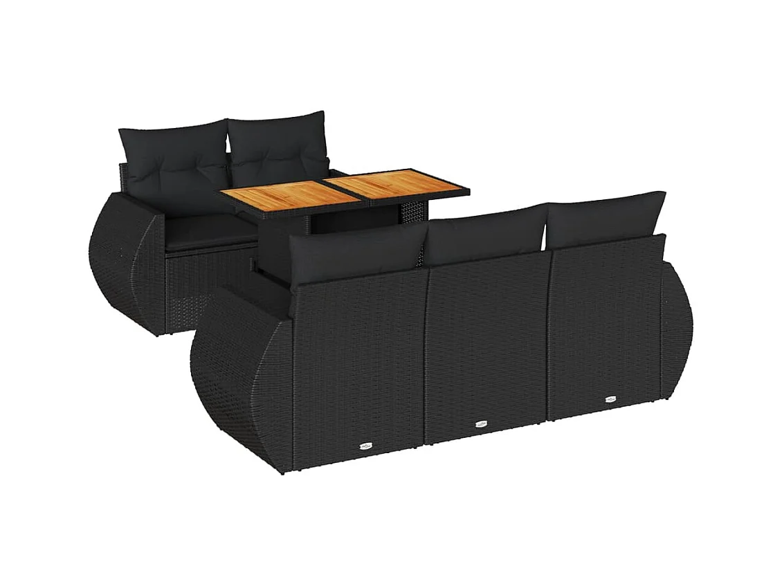 Salon de jardin 6 pcs avec coussins noir résine tressée