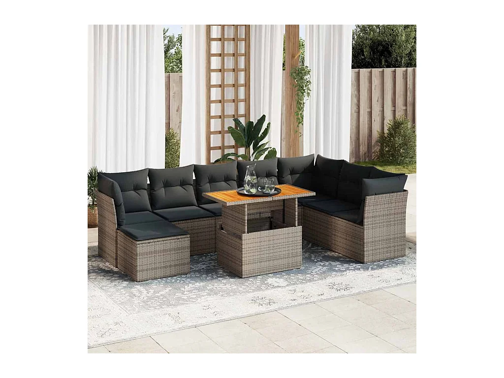 Salon de jardin 9 pcs avec coussins gris résine tressée