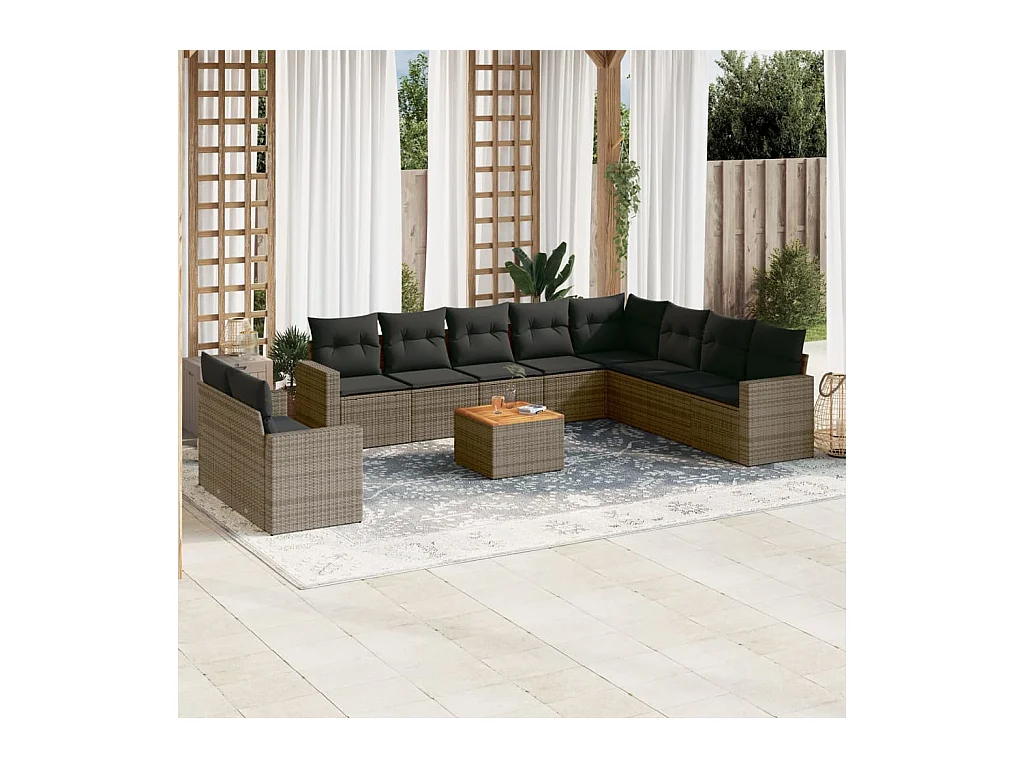 Salon de jardin 11 pcs avec coussins gris résine tressée
