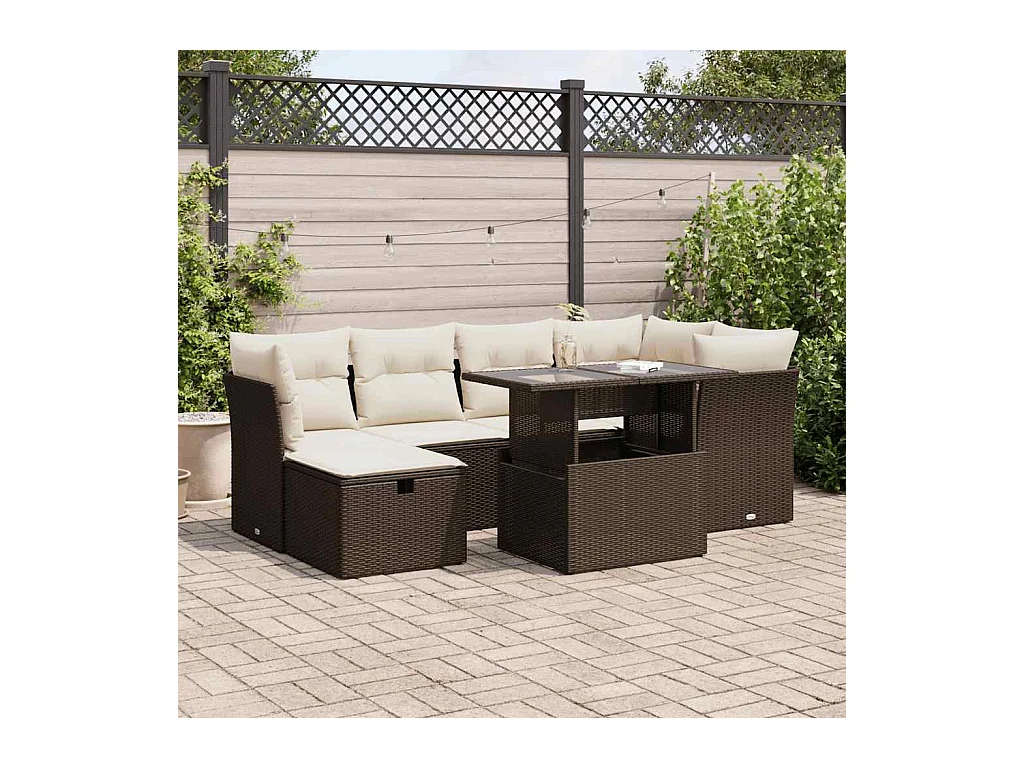 Salon de jardin avec coussins 7 pcs marron résine tressée