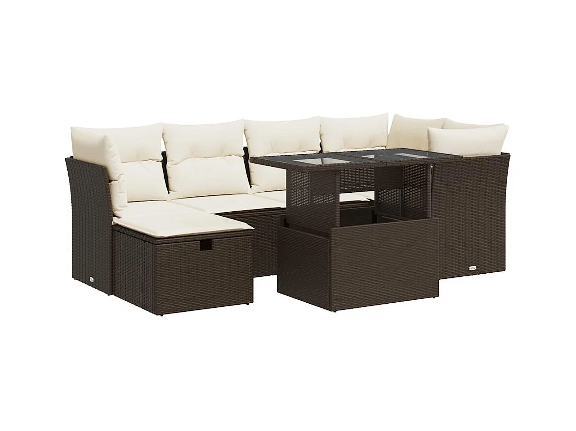 Salon de jardin avec coussins 7 pcs marron résine tressée