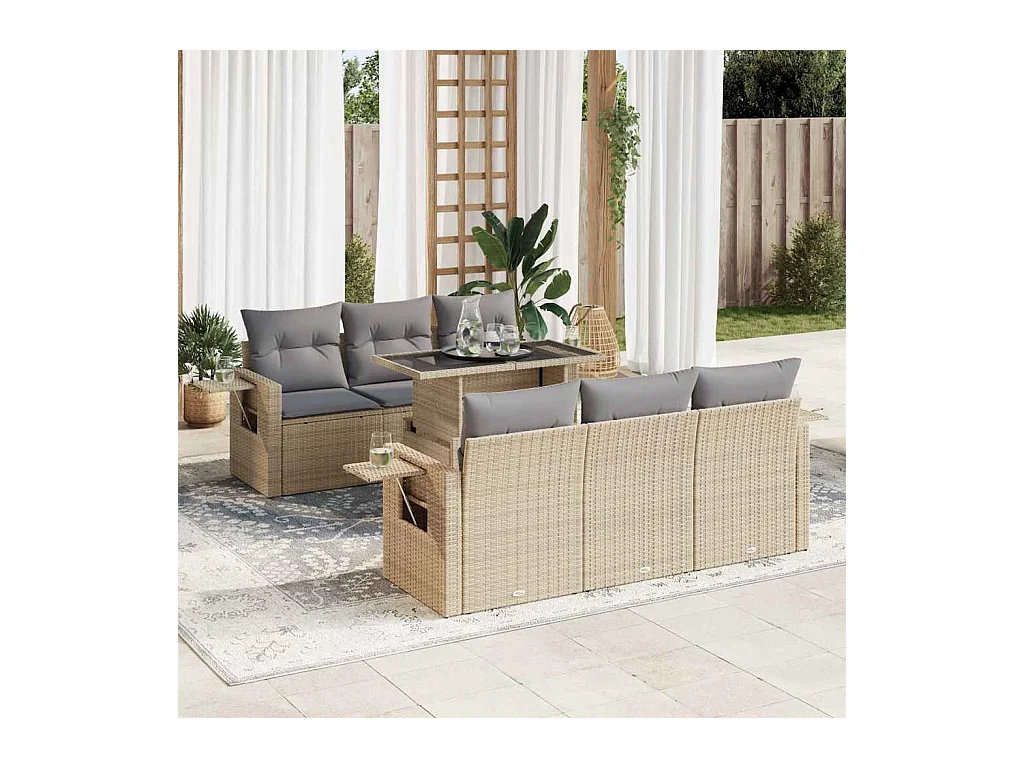 Salon de jardin avec coussins 7 pcs beige résine tressée