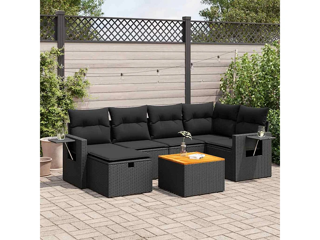 7-teiliges Gartenmöbelset mit schwarzen Kissen aus gewebtem Harz