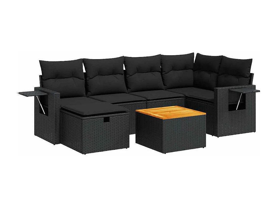 7-teiliges Gartenmöbelset mit schwarzen Kissen aus gewebtem Harz