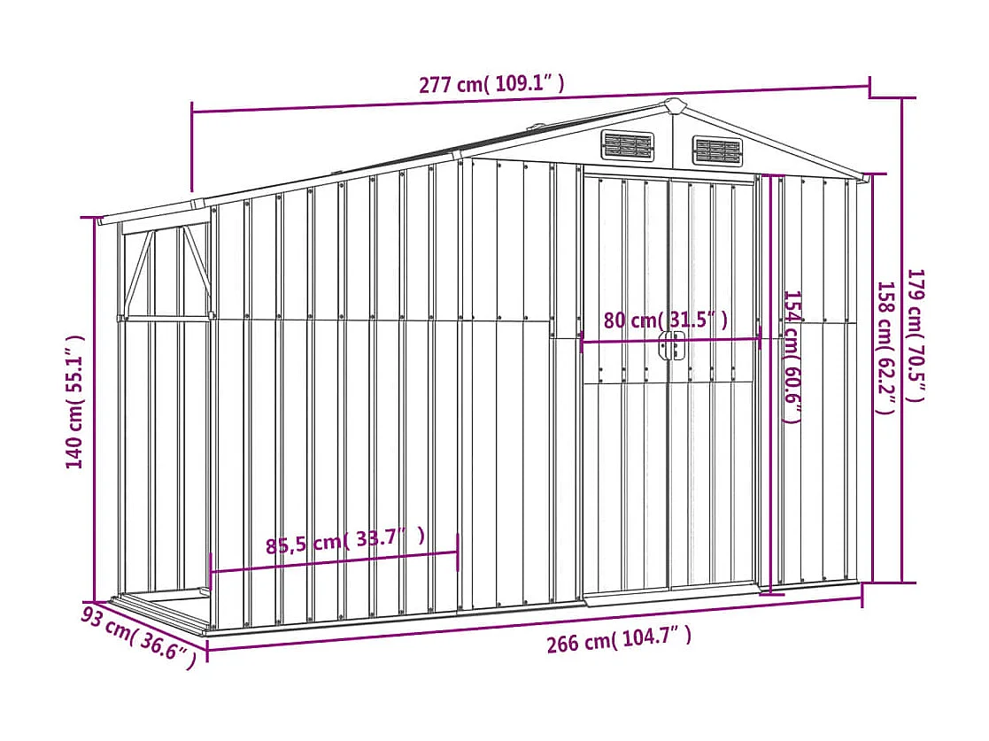Galpão de jardim marrom 277x93x179 cm aço galvanizado
