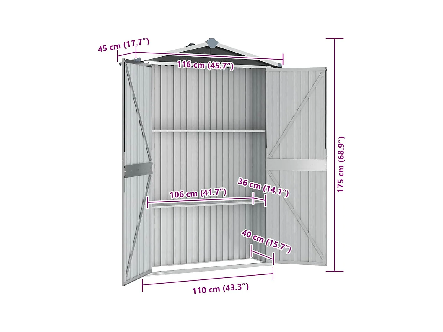 Caseta de jardín Antracita 116x45x175 cm Acero galvanizado
